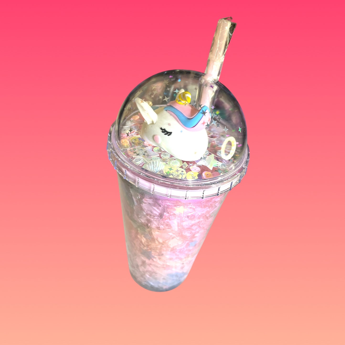 Tazza Multicolore Rosa Unicorno 440 ml in Plastica senza BPA con Cannuccia Rosa Inclusa!