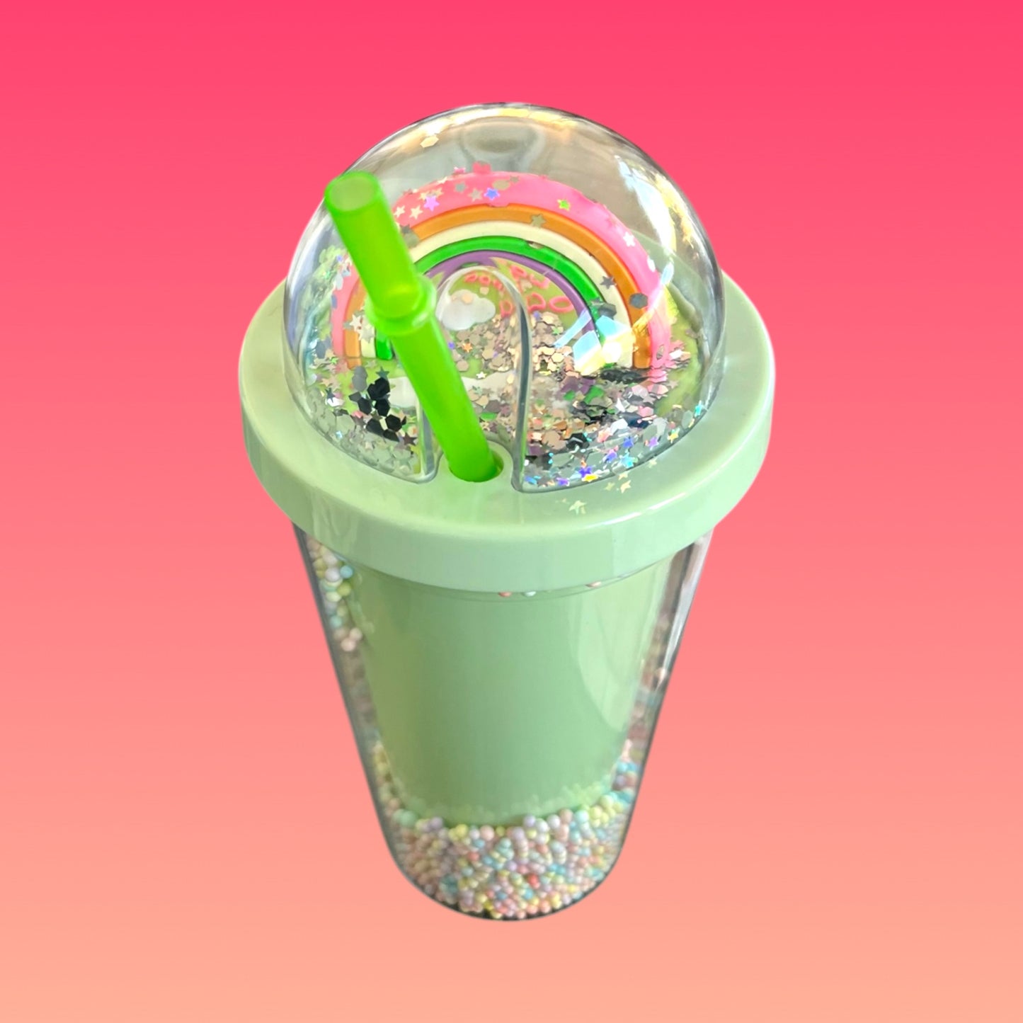 Tazza Effetto Palline Saltellanti e Arcobaleno 450 ml con Cannuccia Verde Inclusa!