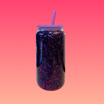 Tazza Glitterata da 475 ml in Vetro Doppio con Tappo Viola e Cannuccia Inclusa!