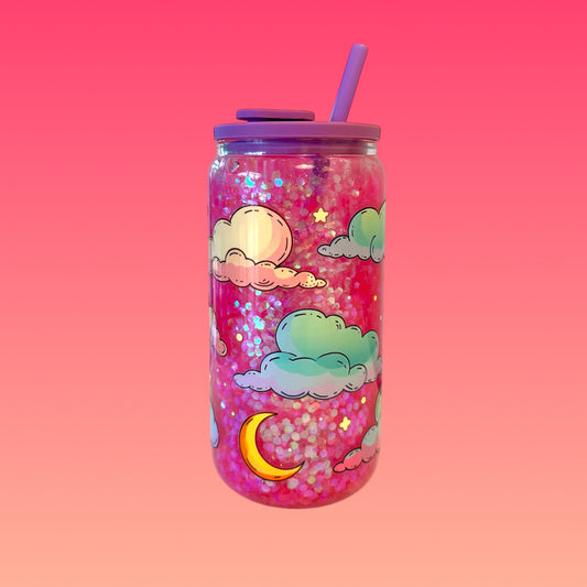 Tazza Glitterata da 475 ml in Vetro Doppio con Tappo Viola Stile Lattina e Cannuccia Inclusa!