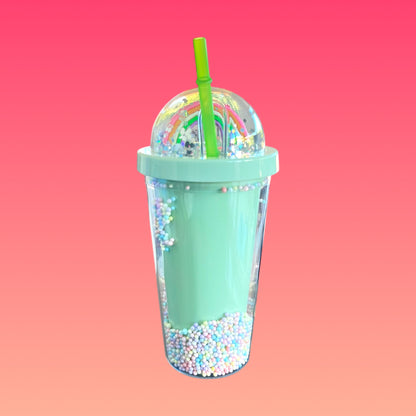 Tazza Effetto Palline Saltellanti e Arcobaleno 450 ml con Cannuccia Verde Inclusa!