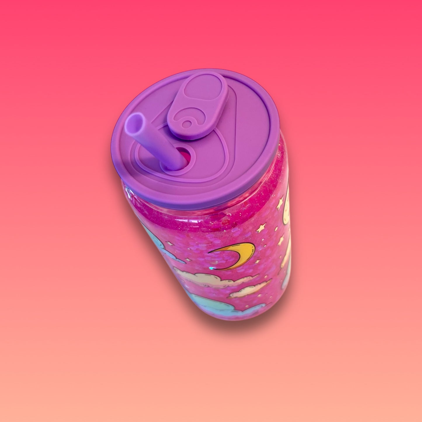 Tazza Glitterata da 475 ml in Vetro Doppio con Tappo Viola Stile Lattina e Cannuccia Inclusa!