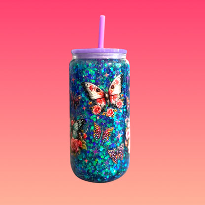 Tazza Glitterata da 475 ml in Vetro Doppio con Tappo Viola e Cannuccia Inclusa!