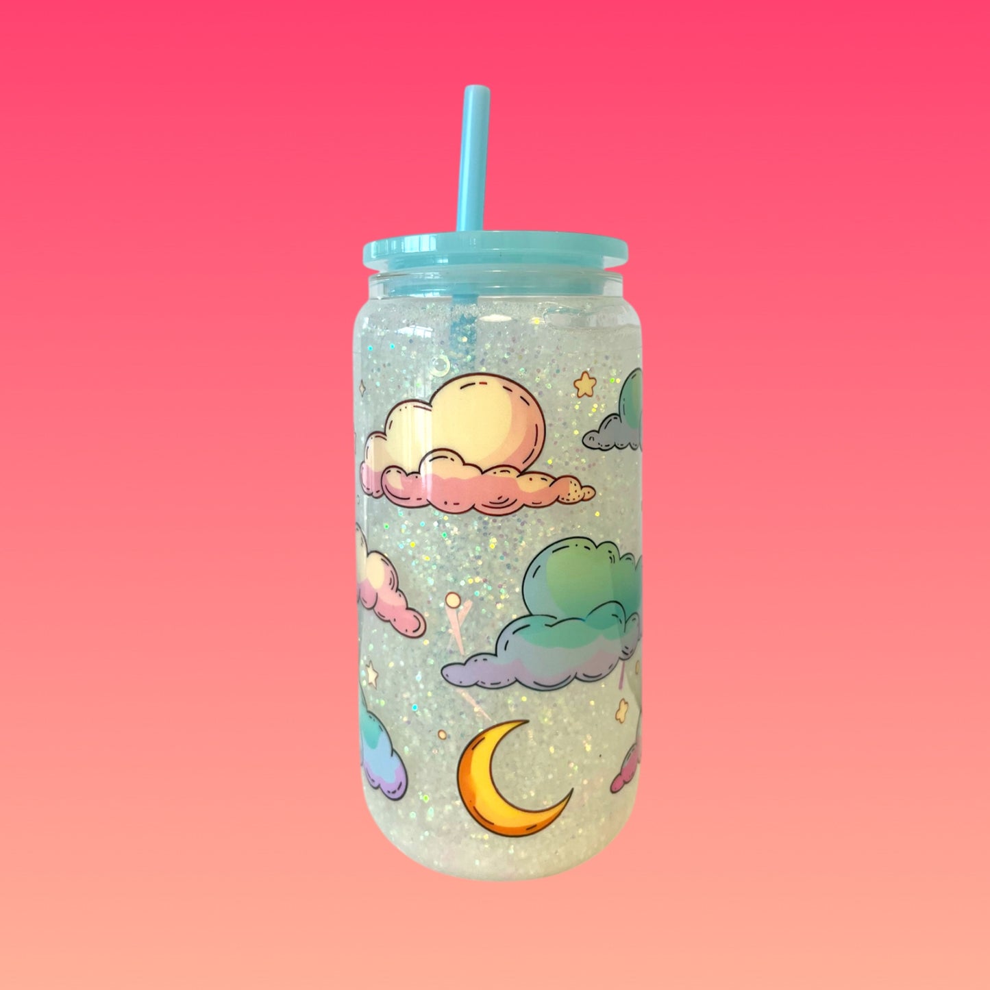 Tazza Glitterata da 475 ml in Vetro Doppio con Tappo Azzurro e Cannuccia Inclusa!