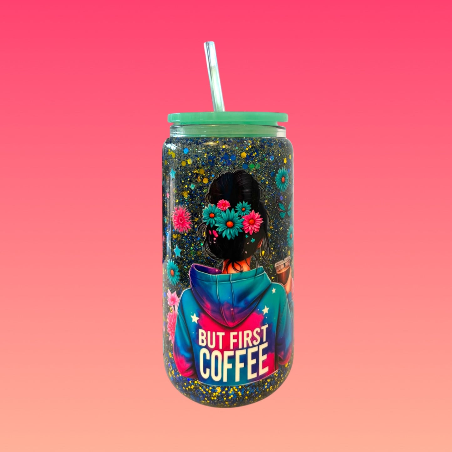 Tazza Glitterata da 475 ml in Vetro Doppio con Tappo Verde Acqua e Cannuccia Inclusa!